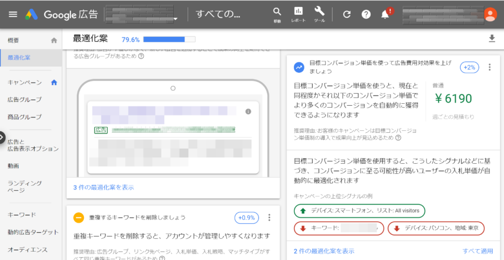 Google広告の「最適化案」